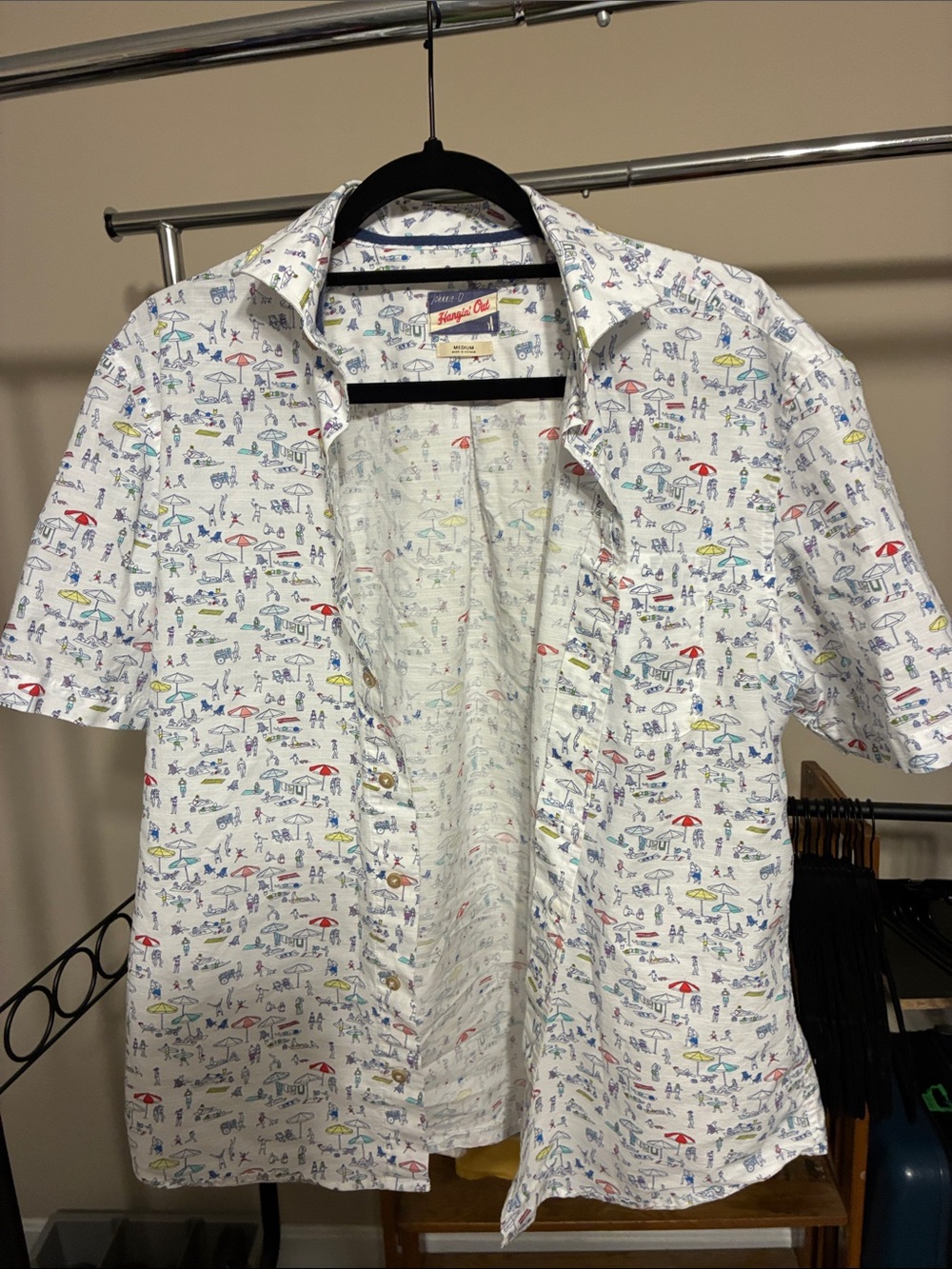 johnnie-O White Short-Sleeve Button-Down with Multicolor Beach Print